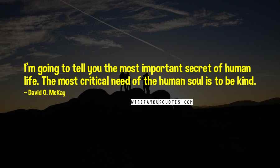 David O. McKay Quotes: I'm going to tell you the most important secret of human life. The most critical need of the human soul is to be kind.