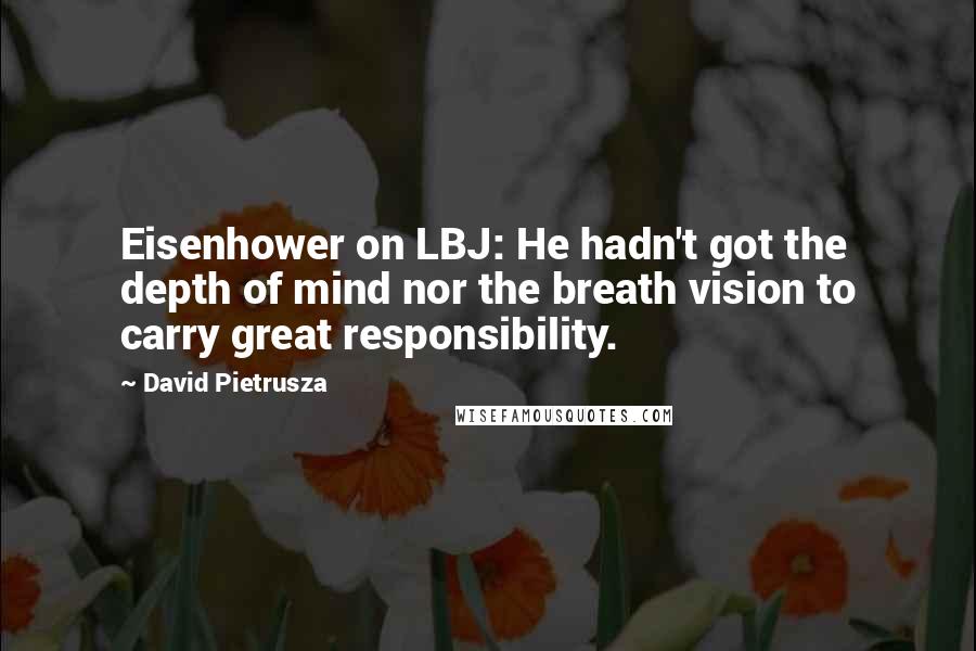 David Pietrusza Quotes: Eisenhower on LBJ: He hadn't got the depth of mind nor the breath vision to carry great responsibility.