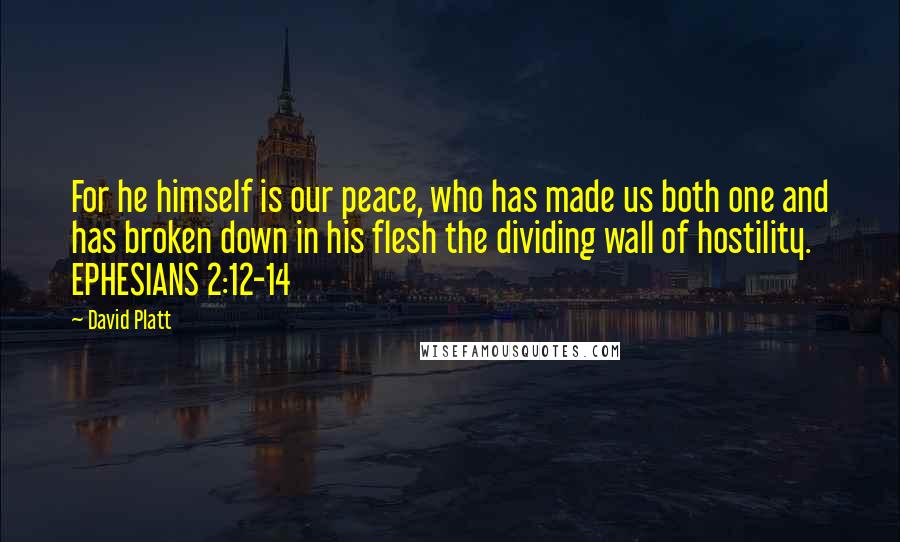 David Platt Quotes: For he himself is our peace, who has made us both one and has broken down in his flesh the dividing wall of hostility. EPHESIANS 2:12-14