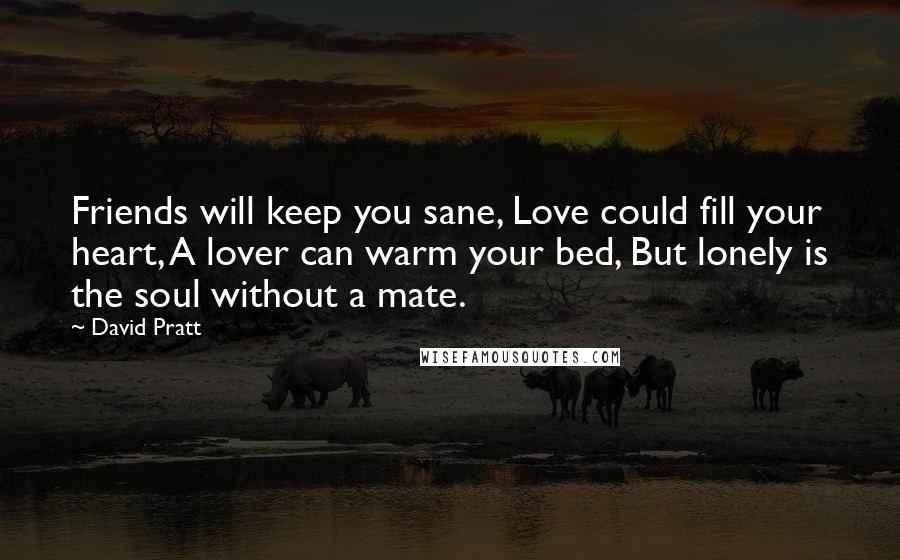 David Pratt Quotes: Friends will keep you sane, Love could fill your heart, A lover can warm your bed, But lonely is the soul without a mate.