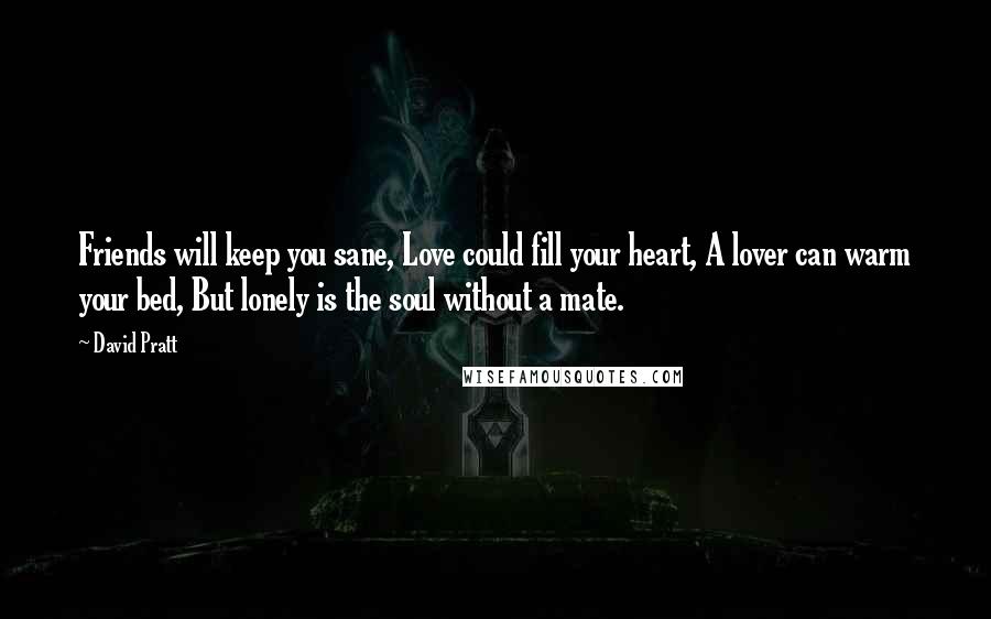 David Pratt Quotes: Friends will keep you sane, Love could fill your heart, A lover can warm your bed, But lonely is the soul without a mate.