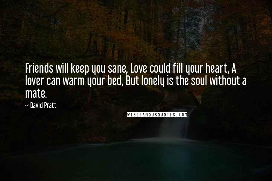 David Pratt Quotes: Friends will keep you sane, Love could fill your heart, A lover can warm your bed, But lonely is the soul without a mate.