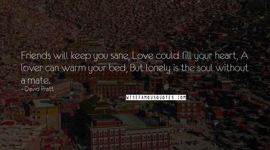David Pratt Quotes: Friends will keep you sane, Love could fill your heart, A lover can warm your bed, But lonely is the soul without a mate.