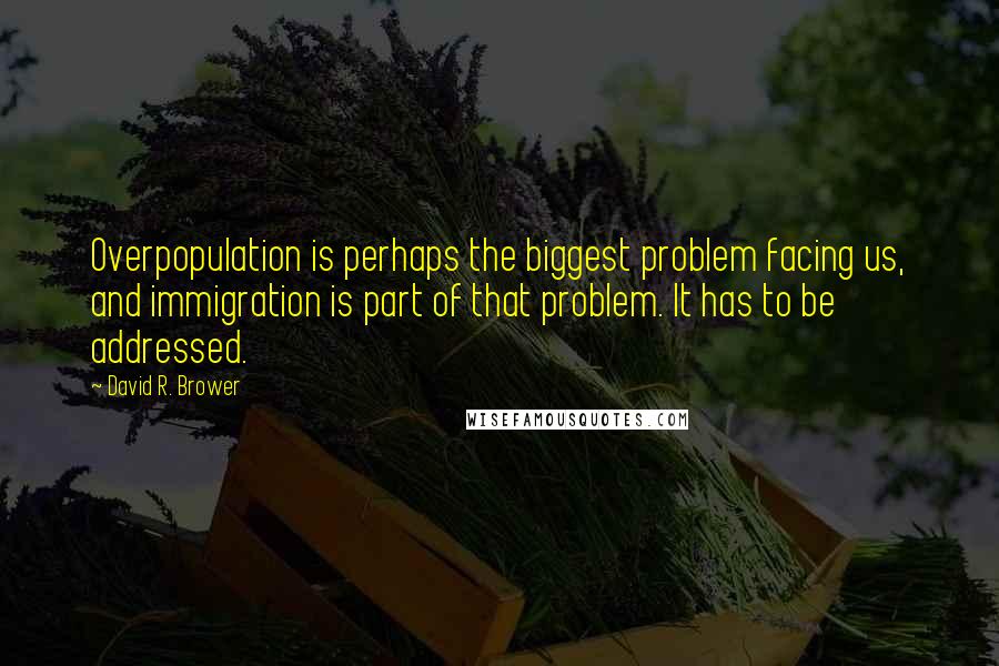 David R. Brower Quotes: Overpopulation is perhaps the biggest problem facing us, and immigration is part of that problem. It has to be addressed.