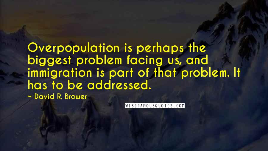 David R. Brower Quotes: Overpopulation is perhaps the biggest problem facing us, and immigration is part of that problem. It has to be addressed.