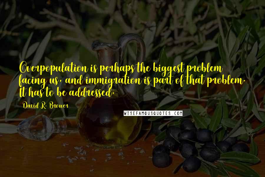David R. Brower Quotes: Overpopulation is perhaps the biggest problem facing us, and immigration is part of that problem. It has to be addressed.