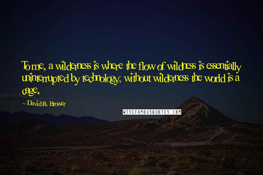 David R. Brower Quotes: To me, a wilderness is where the flow of wildness is essentially uninterrupted by technology; without wilderness the world is a cage.