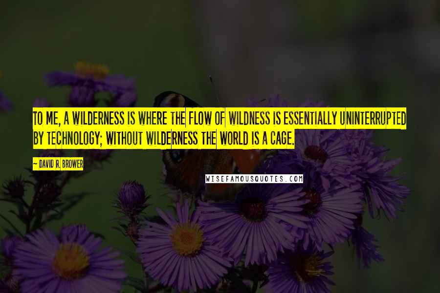 David R. Brower Quotes: To me, a wilderness is where the flow of wildness is essentially uninterrupted by technology; without wilderness the world is a cage.