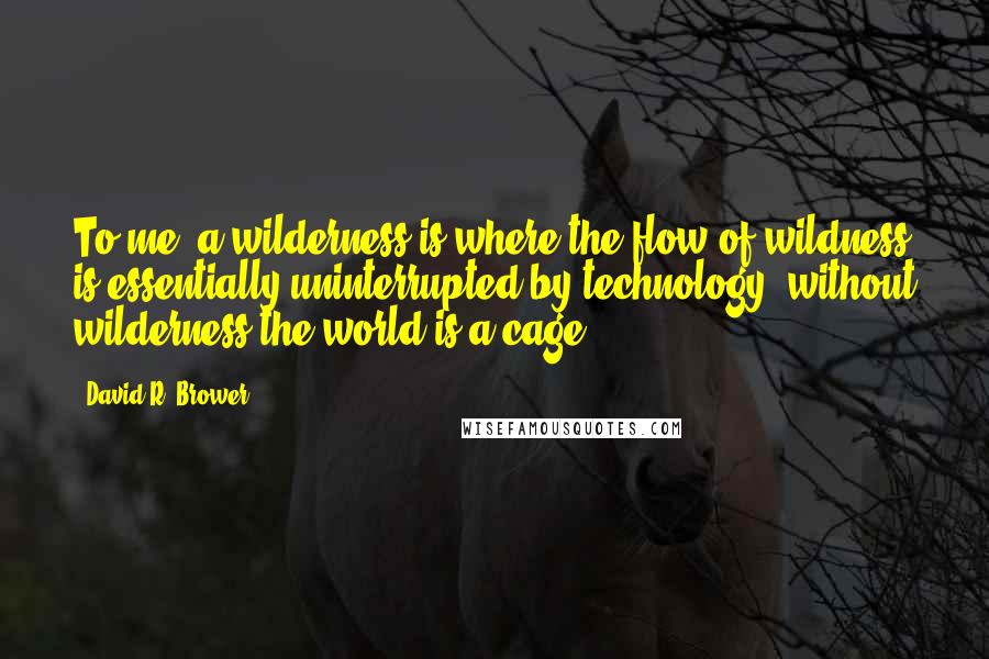 David R. Brower Quotes: To me, a wilderness is where the flow of wildness is essentially uninterrupted by technology; without wilderness the world is a cage.