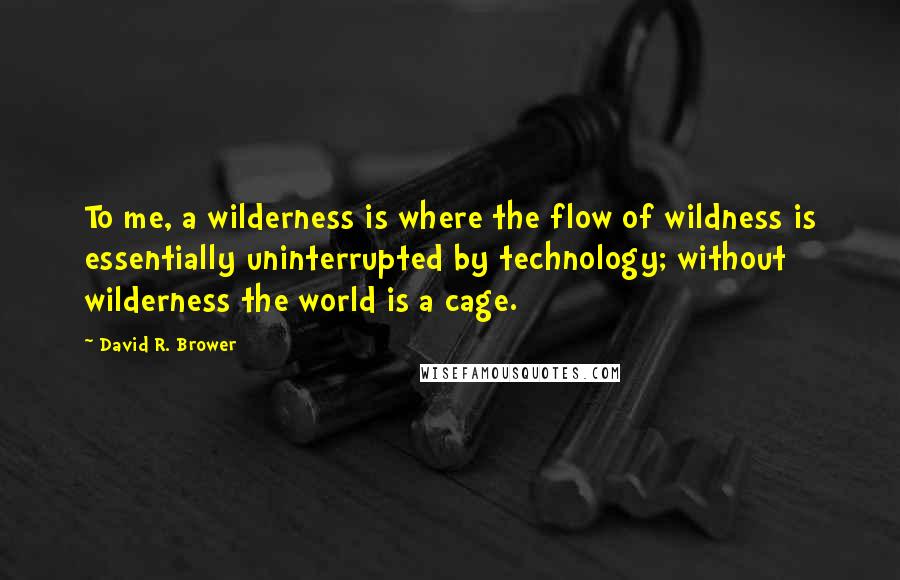 David R. Brower Quotes: To me, a wilderness is where the flow of wildness is essentially uninterrupted by technology; without wilderness the world is a cage.