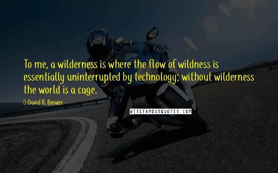 David R. Brower Quotes: To me, a wilderness is where the flow of wildness is essentially uninterrupted by technology; without wilderness the world is a cage.