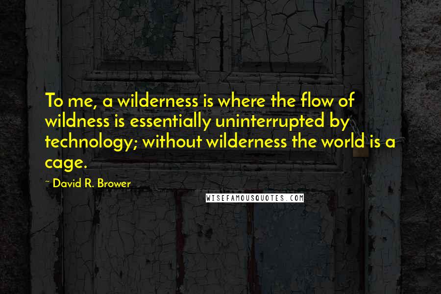 David R. Brower Quotes: To me, a wilderness is where the flow of wildness is essentially uninterrupted by technology; without wilderness the world is a cage.