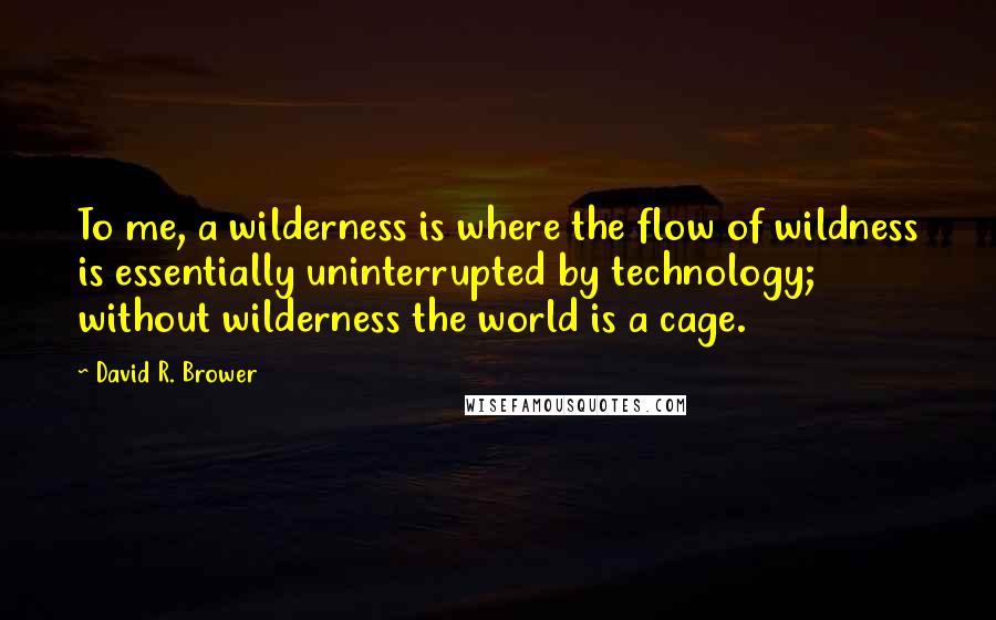 David R. Brower Quotes: To me, a wilderness is where the flow of wildness is essentially uninterrupted by technology; without wilderness the world is a cage.