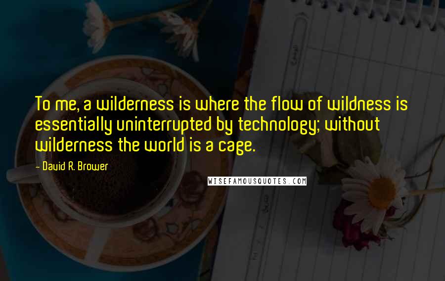 David R. Brower Quotes: To me, a wilderness is where the flow of wildness is essentially uninterrupted by technology; without wilderness the world is a cage.