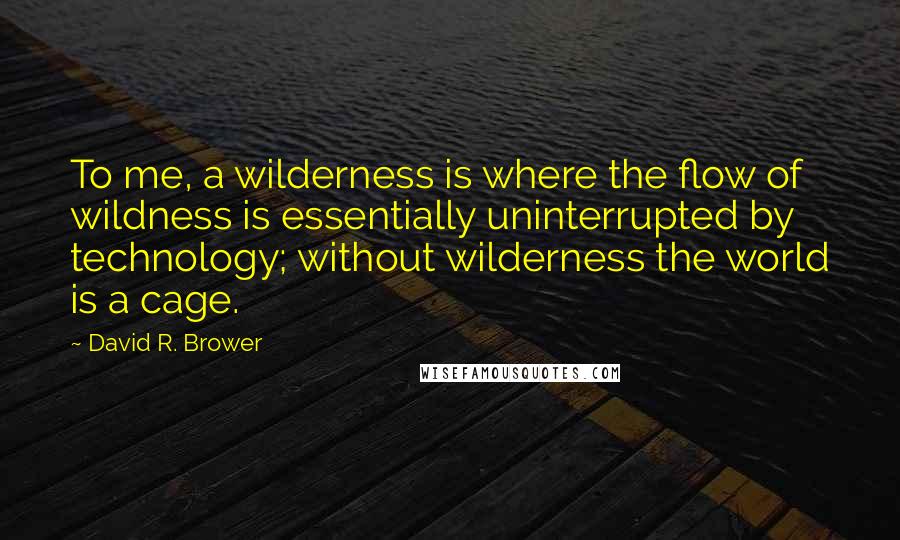 David R. Brower Quotes: To me, a wilderness is where the flow of wildness is essentially uninterrupted by technology; without wilderness the world is a cage.