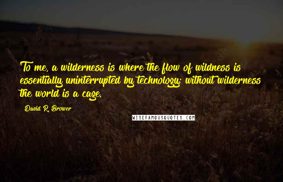 David R. Brower Quotes: To me, a wilderness is where the flow of wildness is essentially uninterrupted by technology; without wilderness the world is a cage.