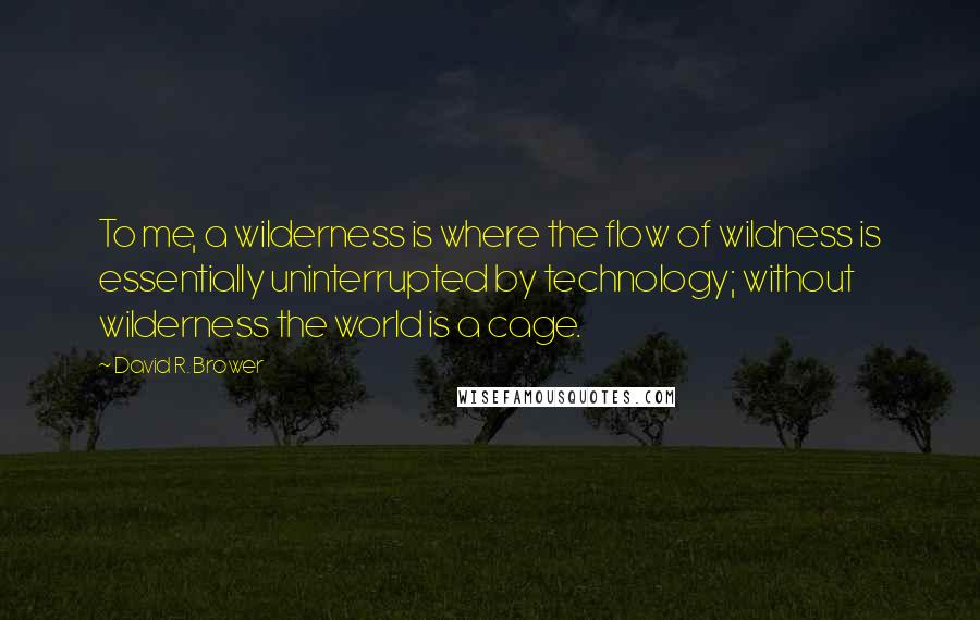 David R. Brower Quotes: To me, a wilderness is where the flow of wildness is essentially uninterrupted by technology; without wilderness the world is a cage.