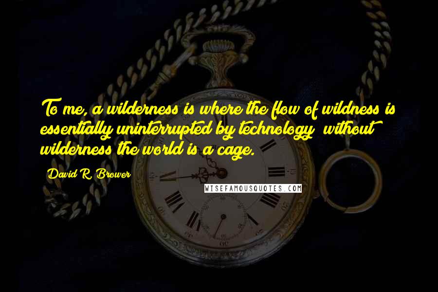 David R. Brower Quotes: To me, a wilderness is where the flow of wildness is essentially uninterrupted by technology; without wilderness the world is a cage.