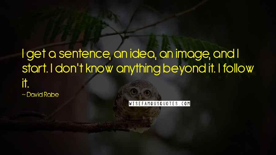 David Rabe Quotes: I get a sentence, an idea, an image, and I start. I don't know anything beyond it. I follow it.