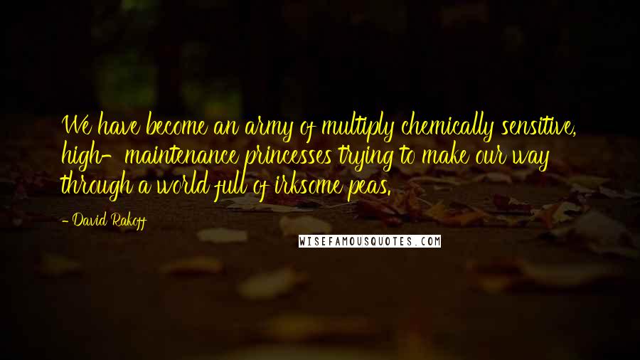 David Rakoff Quotes: We have become an army of multiply chemically sensitive, high-maintenance princesses trying to make our way through a world full of irksome peas.