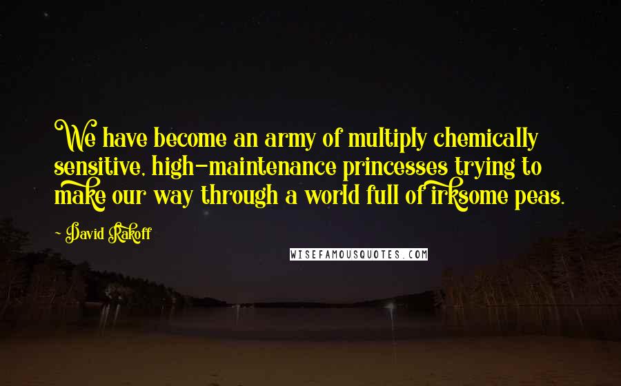 David Rakoff Quotes: We have become an army of multiply chemically sensitive, high-maintenance princesses trying to make our way through a world full of irksome peas.