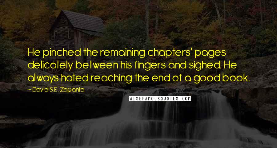 David S.E. Zapanta Quotes: He pinched the remaining chapters' pages delicately between his fingers and sighed. He always hated reaching the end of a good book.