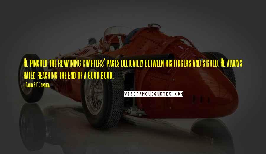 David S.E. Zapanta Quotes: He pinched the remaining chapters' pages delicately between his fingers and sighed. He always hated reaching the end of a good book.