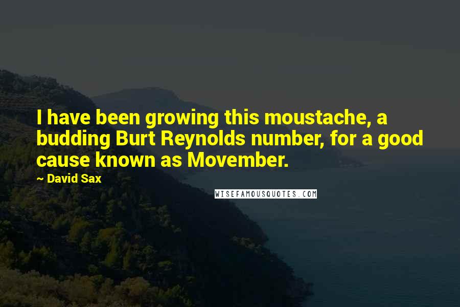 David Sax Quotes: I have been growing this moustache, a budding Burt Reynolds number, for a good cause known as Movember.