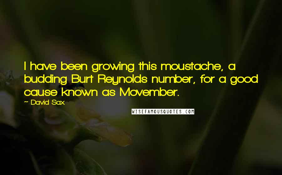 David Sax Quotes: I have been growing this moustache, a budding Burt Reynolds number, for a good cause known as Movember.