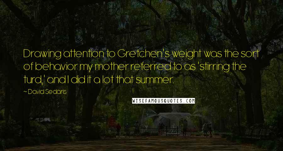 David Sedaris Quotes: Drawing attention to Gretchen's weight was the sort of behavior my mother referred to as 'stirring the turd,' and I did it a lot that summer.