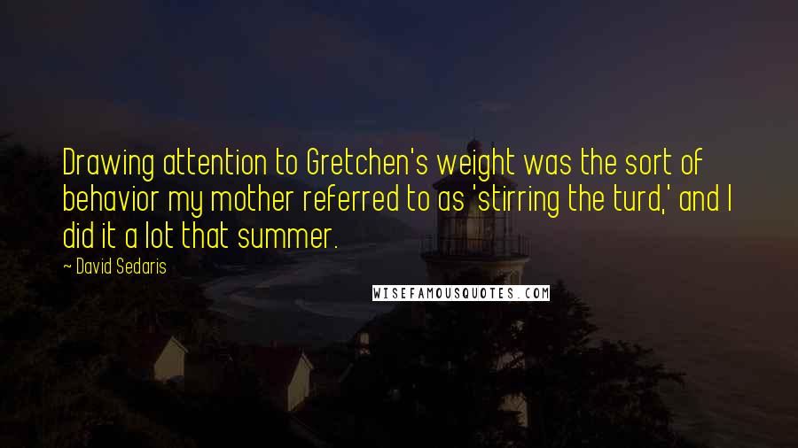 David Sedaris Quotes: Drawing attention to Gretchen's weight was the sort of behavior my mother referred to as 'stirring the turd,' and I did it a lot that summer.