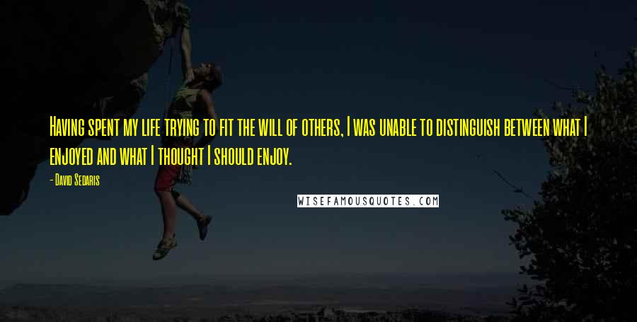 David Sedaris Quotes: Having spent my life trying to fit the will of others, I was unable to distinguish between what I enjoyed and what I thought I should enjoy.