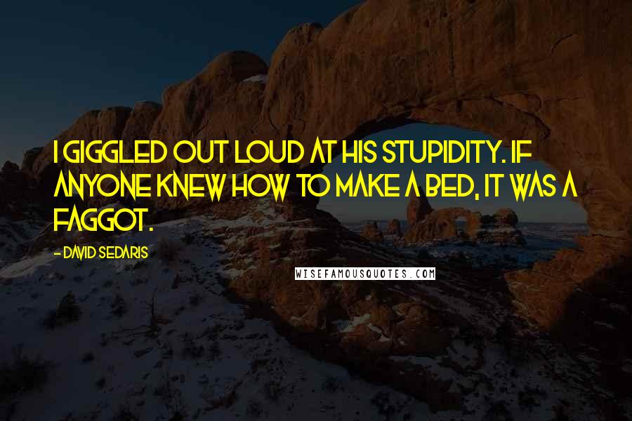 David Sedaris Quotes: I giggled out loud at his stupidity. If anyone knew how to make a bed, it was a faggot.