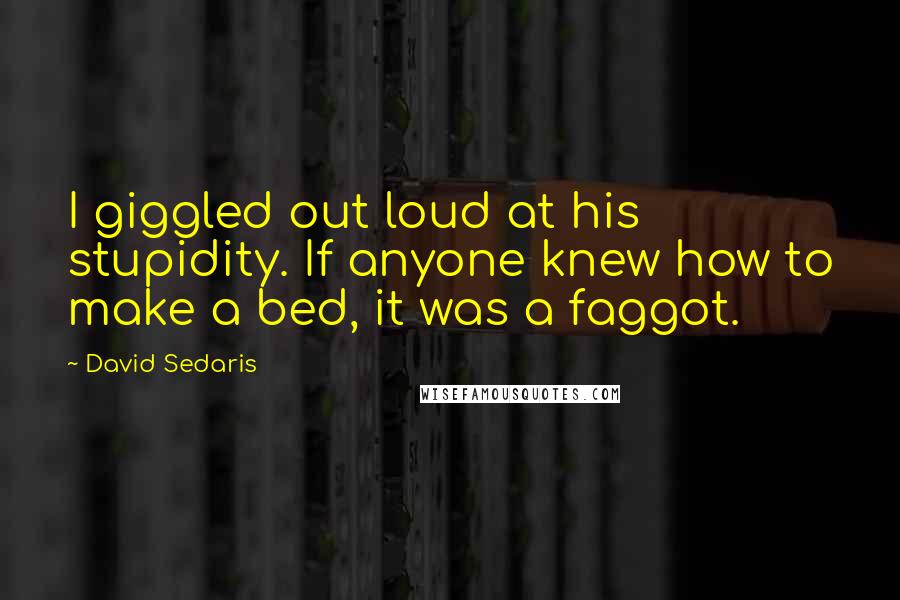 David Sedaris Quotes: I giggled out loud at his stupidity. If anyone knew how to make a bed, it was a faggot.