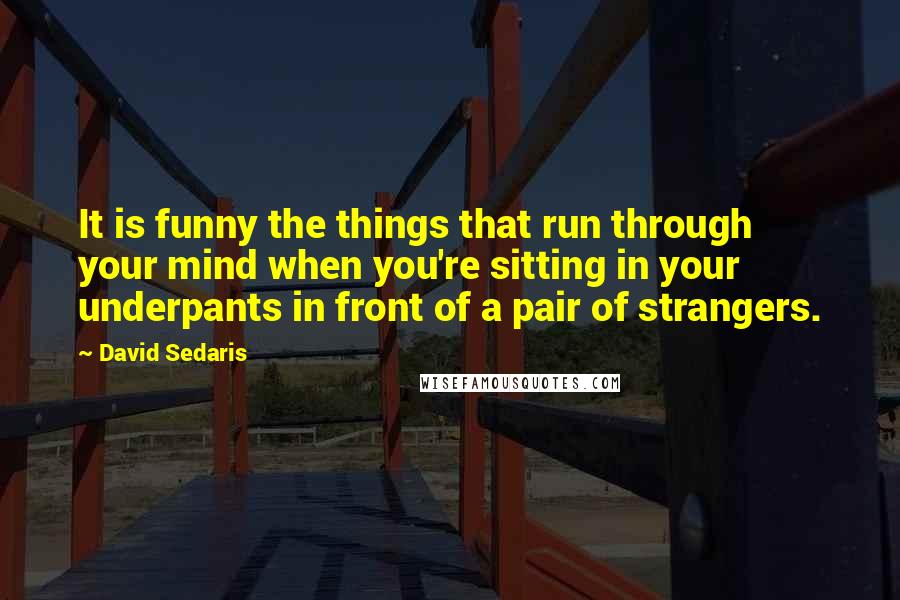 David Sedaris Quotes: It is funny the things that run through your mind when you're sitting in your underpants in front of a pair of strangers.