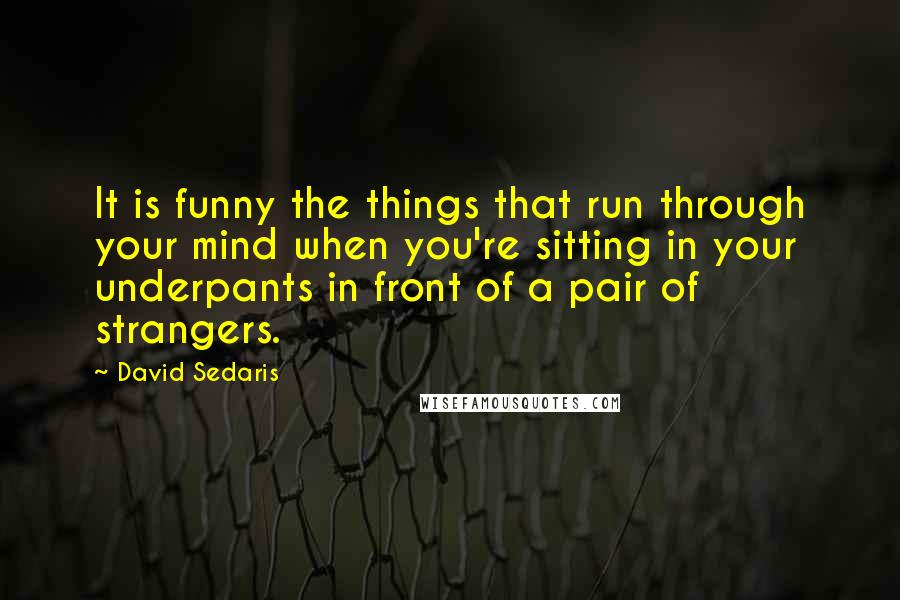 David Sedaris Quotes: It is funny the things that run through your mind when you're sitting in your underpants in front of a pair of strangers.