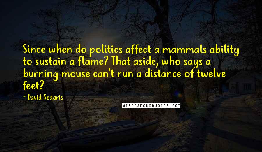 David Sedaris Quotes: Since when do politics affect a mammals ability to sustain a flame? That aside, who says a burning mouse can't run a distance of twelve feet?