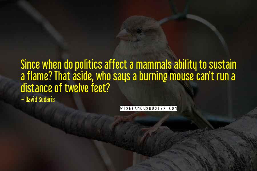 David Sedaris Quotes: Since when do politics affect a mammals ability to sustain a flame? That aside, who says a burning mouse can't run a distance of twelve feet?