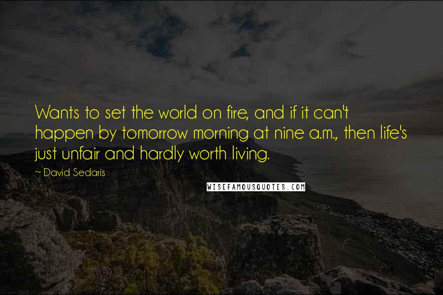 David Sedaris Quotes: Wants to set the world on fire, and if it can't happen by tomorrow morning at nine a.m., then life's just unfair and hardly worth living.