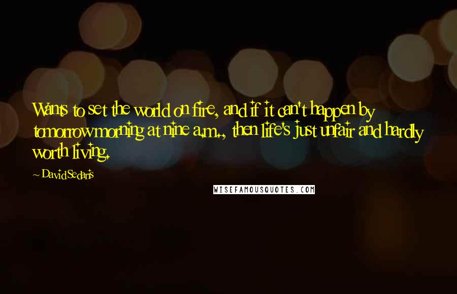 David Sedaris Quotes: Wants to set the world on fire, and if it can't happen by tomorrow morning at nine a.m., then life's just unfair and hardly worth living.