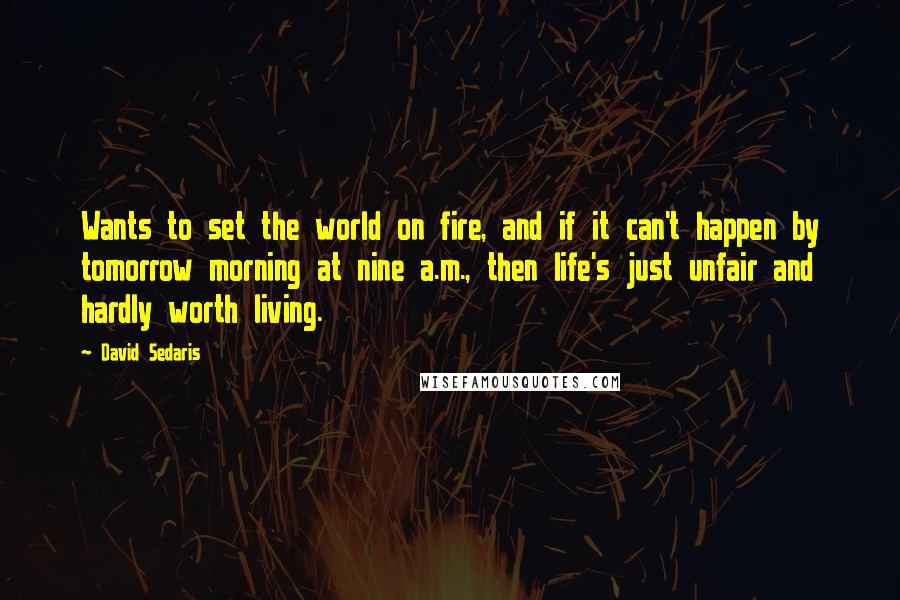 David Sedaris Quotes: Wants to set the world on fire, and if it can't happen by tomorrow morning at nine a.m., then life's just unfair and hardly worth living.