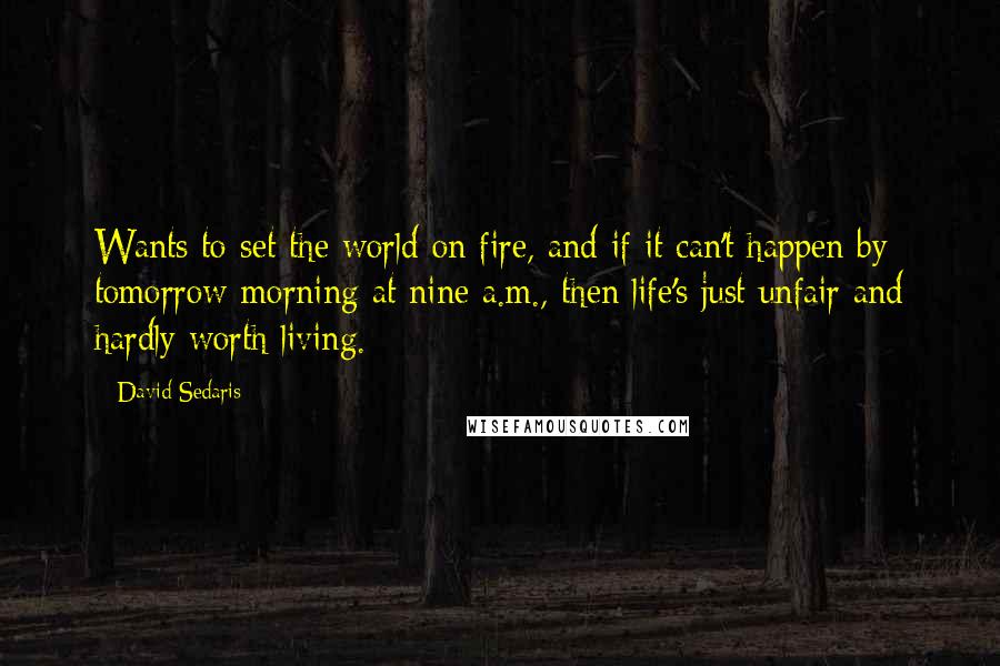 David Sedaris Quotes: Wants to set the world on fire, and if it can't happen by tomorrow morning at nine a.m., then life's just unfair and hardly worth living.