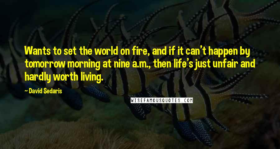 David Sedaris Quotes: Wants to set the world on fire, and if it can't happen by tomorrow morning at nine a.m., then life's just unfair and hardly worth living.