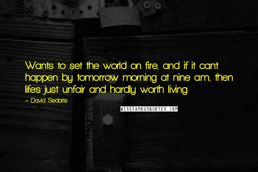 David Sedaris Quotes: Wants to set the world on fire, and if it can't happen by tomorrow morning at nine a.m., then life's just unfair and hardly worth living.