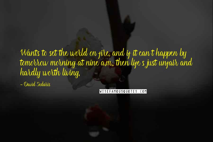 David Sedaris Quotes: Wants to set the world on fire, and if it can't happen by tomorrow morning at nine a.m., then life's just unfair and hardly worth living.