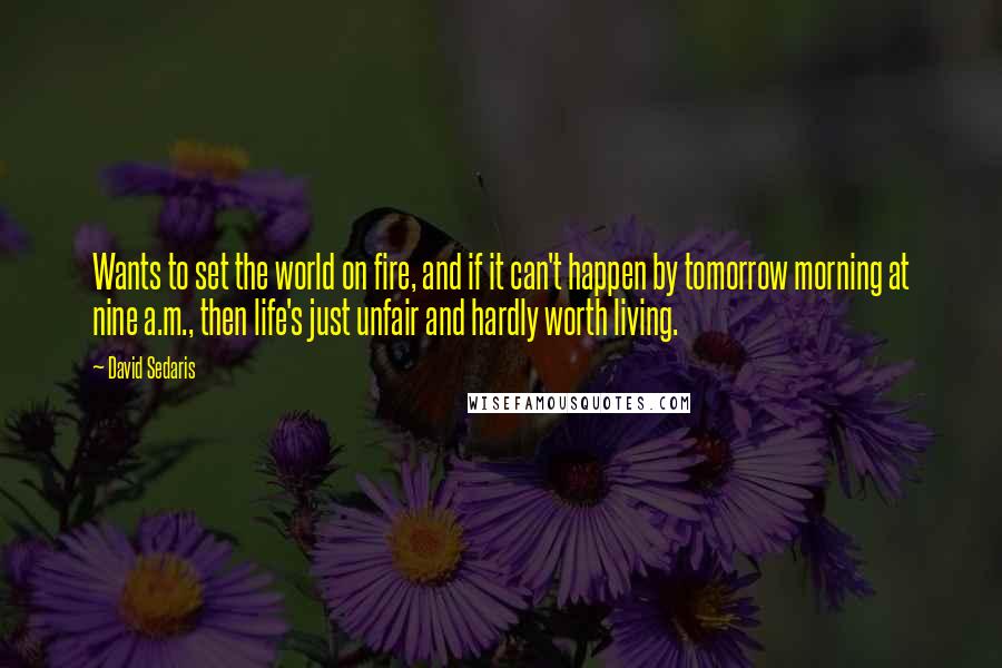 David Sedaris Quotes: Wants to set the world on fire, and if it can't happen by tomorrow morning at nine a.m., then life's just unfair and hardly worth living.