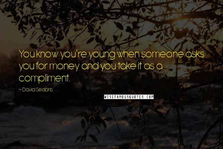 David Sedaris Quotes: You know you're young when someone asks you for money and you take it as a compliment.