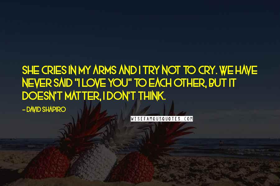 David Shapiro Quotes: She cries in my arms and I try not to cry. We have never said "I love you" to each other, but it doesn't matter, I don't think.