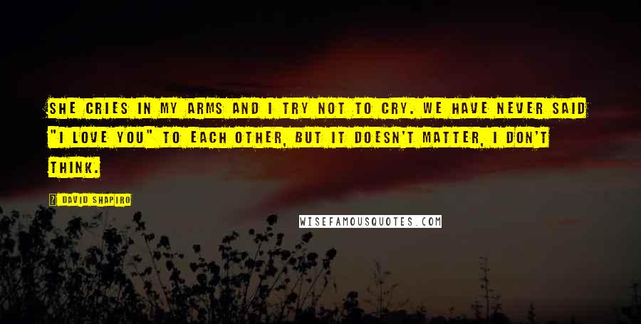 David Shapiro Quotes: She cries in my arms and I try not to cry. We have never said "I love you" to each other, but it doesn't matter, I don't think.