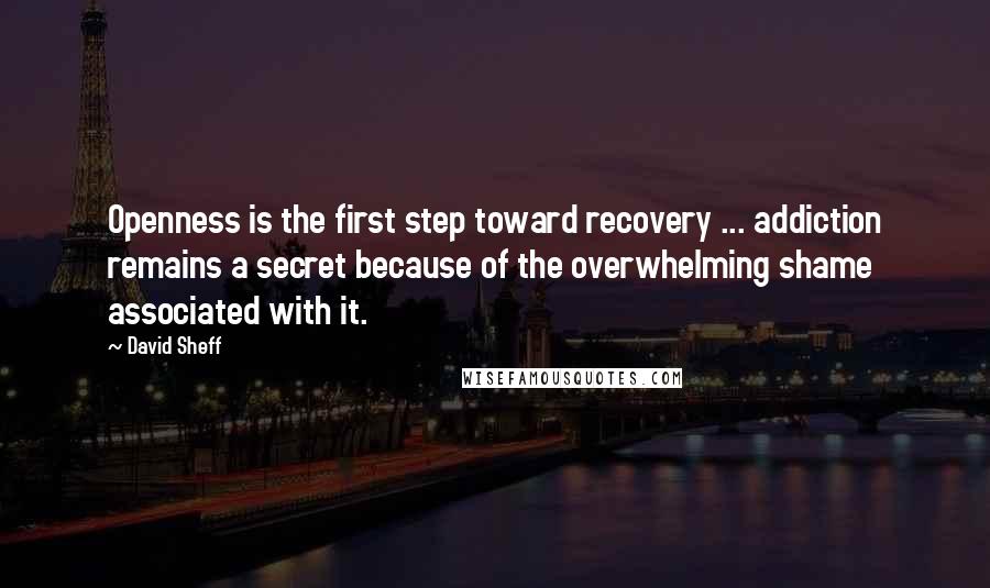 David Sheff Quotes: Openness is the first step toward recovery ... addiction remains a secret because of the overwhelming shame associated with it.